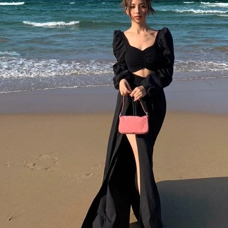 Hollow Out Maxi Dresses for Women Clothes Beach Style High Street Side-Slit Solid Spring European Vestidos Mujer Personality New