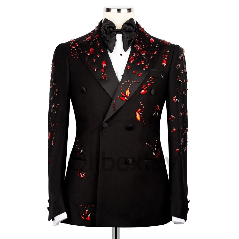 Olibexley Red Crystals Beaded Men Suit Shiny Lapel Groom Tuxedos 2 Piece Man Party Prom Blazer Costume Homme Customized S326