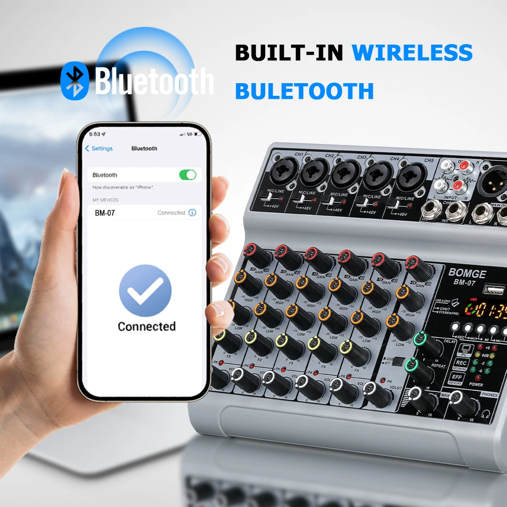 BOMGE BM-07 Audio Mixer,7 Channel Sound Board Mixing Console with Digital USB Bluetooth Echo Delay Effect 48V,Stereo DJ Mixers image 5