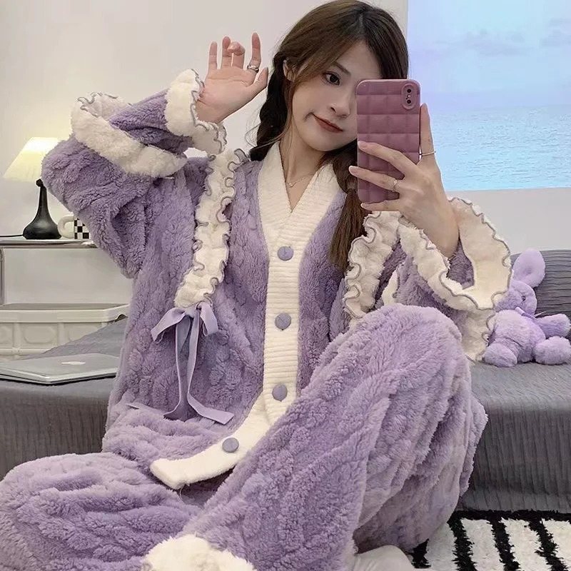 

Purple Coral Fleece Pajamas Sets for Women Winter Thick Warm Long-Sleeved Trousers Homewear 2 Pcs/lot Sleepwear