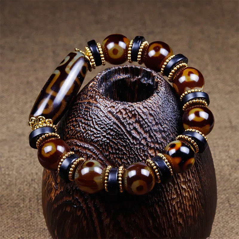 Natural Tibetan Agate Three Eye and Nine Eye DZi Bracelet, Men's and Women's National Style Versatile Bracelet