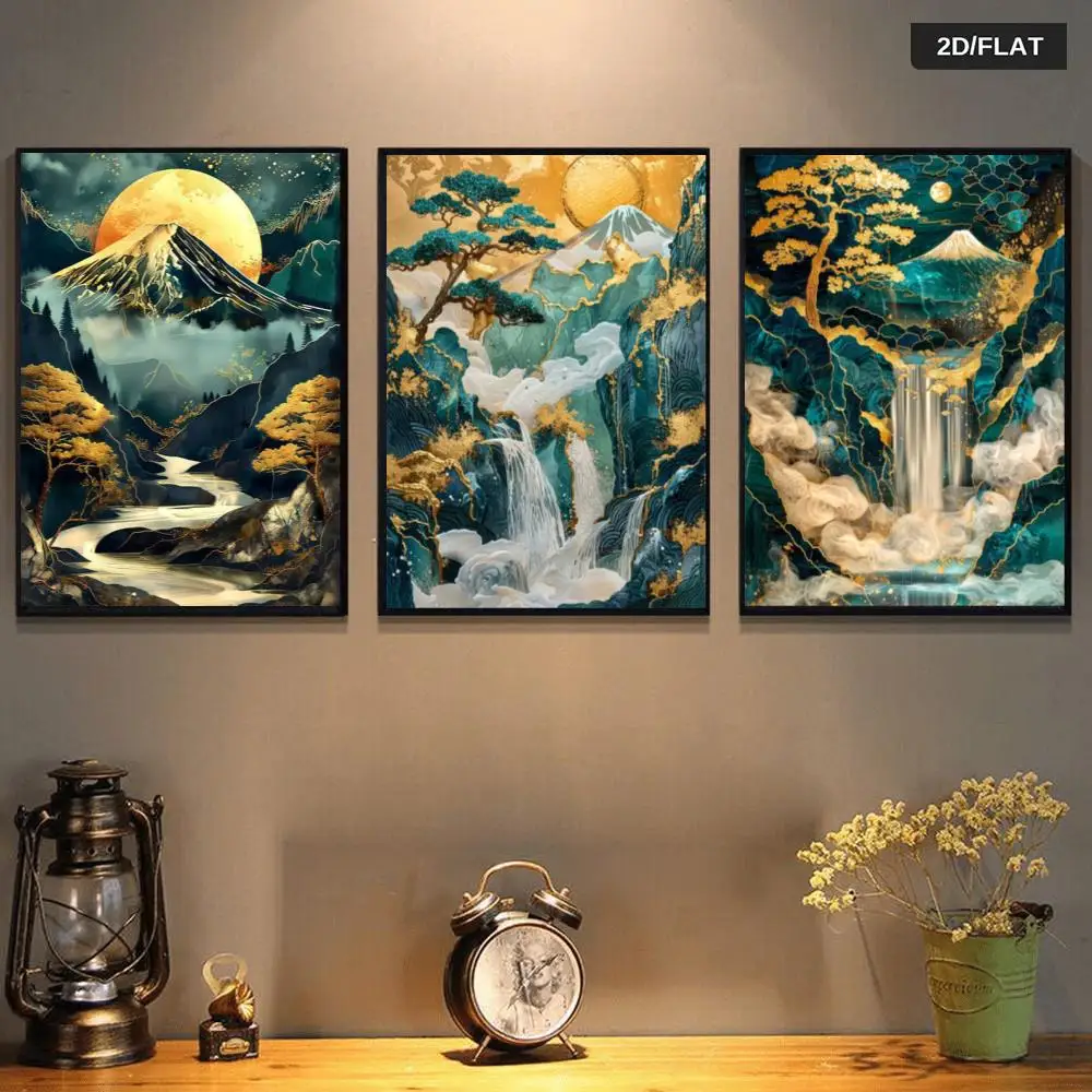 （3PCS NOFrame）-3pcs Retro Night-time Mountain, Waterfall, and River Landscape Decorative Painting | Frameless, Colorful and A
