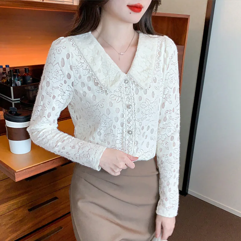 

Women Clothes Lace Thick Solid Elegant Blouse Spring New Pearl Button Fashion Slim Turn-down Collar Shirt Daily Casual Tops