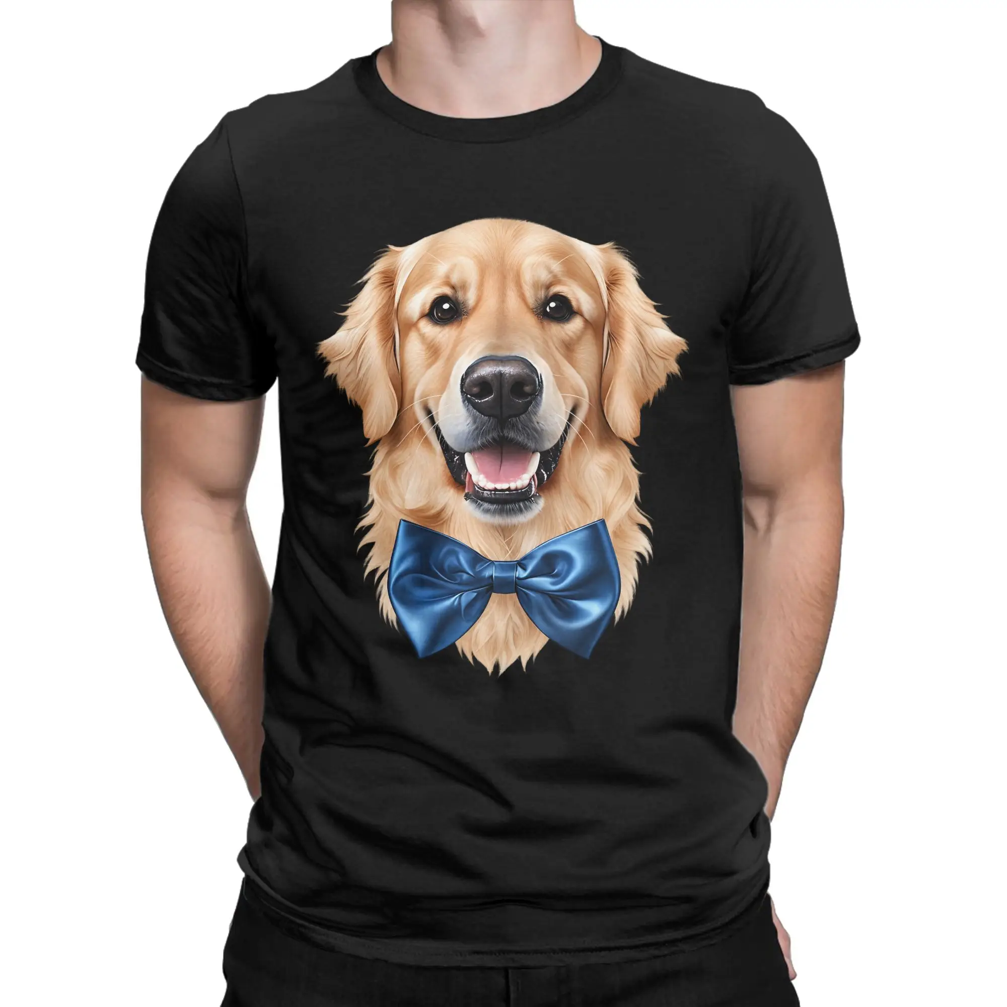 Golden Retriever With Blue Satin Bow‑tie Portrait Cotton T-Shirt For Men Summer Vintage T Shirts Tee Shirt Oversized Clothing