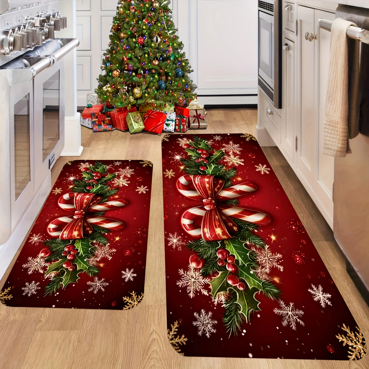 Christmas Candy Cane Holly Red Berry Golden Snowflake Printed Rectangular Floor Mat, Non‑slip Festive Floor Decor, Ornament