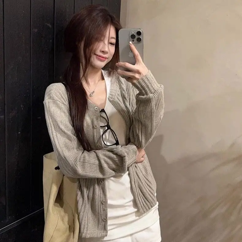 Kimutomo 2026 Autumn New Korean Women Reversible Ribbed Knit Cardigan V-neck Long Sleeve Elegant Trendy Sweater Outer Top