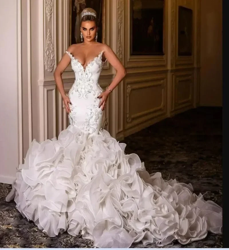 

Nymph Luxury Wedding Dresses for Bride Mermaid Beads Crystal Sleeveless with RufflesTrain Bridal Wedding Gowns Customized