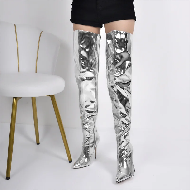 Onlymaker Women Pointed Toe Silver Stiletto Over The Knee Boots Zipper Handmade  Big Size  Female Thigh High  Boots