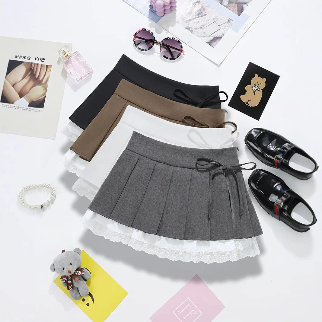 2026 New Bow Gray Skirt High Waist Lace Splicing Split A Word Pleated Skirt Women