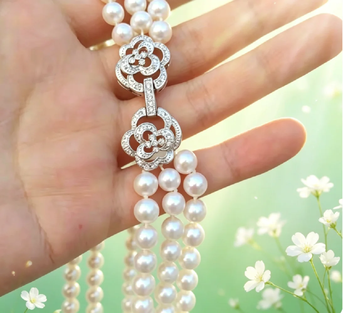 Beautiful Design/3 Rows AAA7-8mm Natural Akoya White Pearl Necklace 16-17-18in/Supports Customized Sizes
