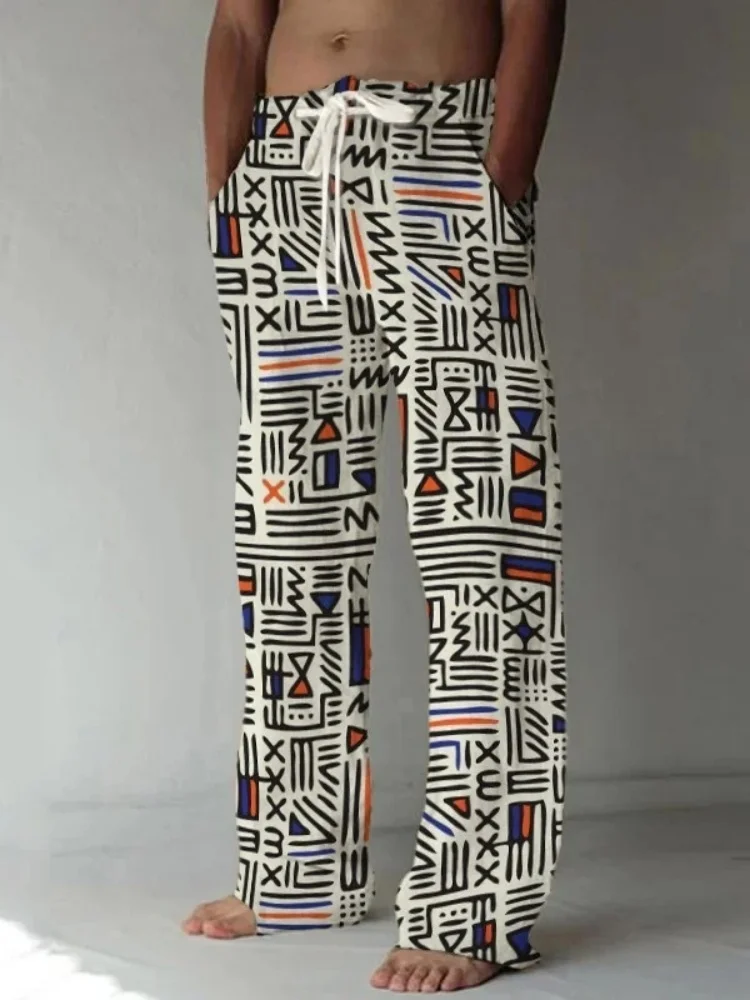 

Autumn Elastic Waisted Long Trouser Men's Black African Ethnic Pattern Print Casual Pants 2026 Spring Drawstring Chic Bottoms