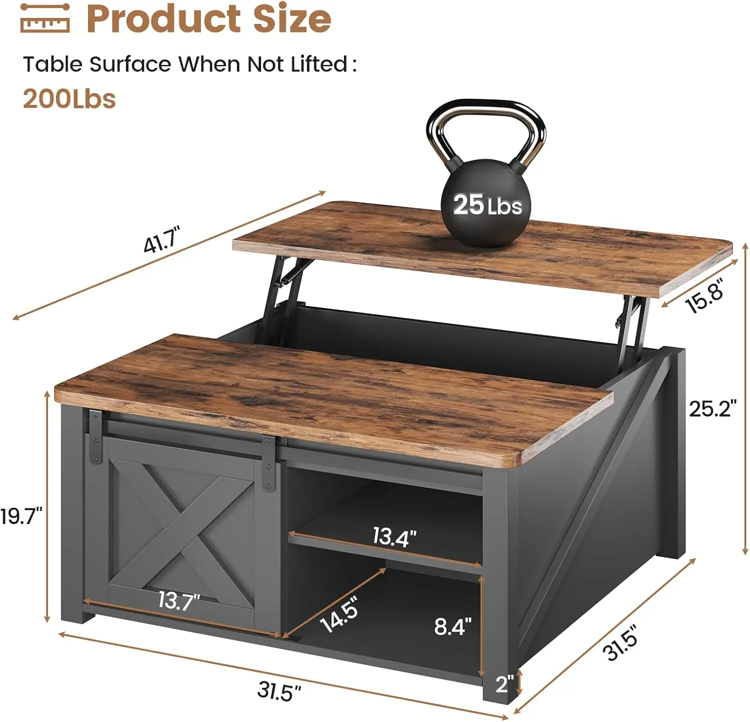 Tavolino da caffè con piano elevatore da 31.5 "con contenitore, tavolino quadrato per soggiorno, tavolino da fattoria con ampio spazio nascosto