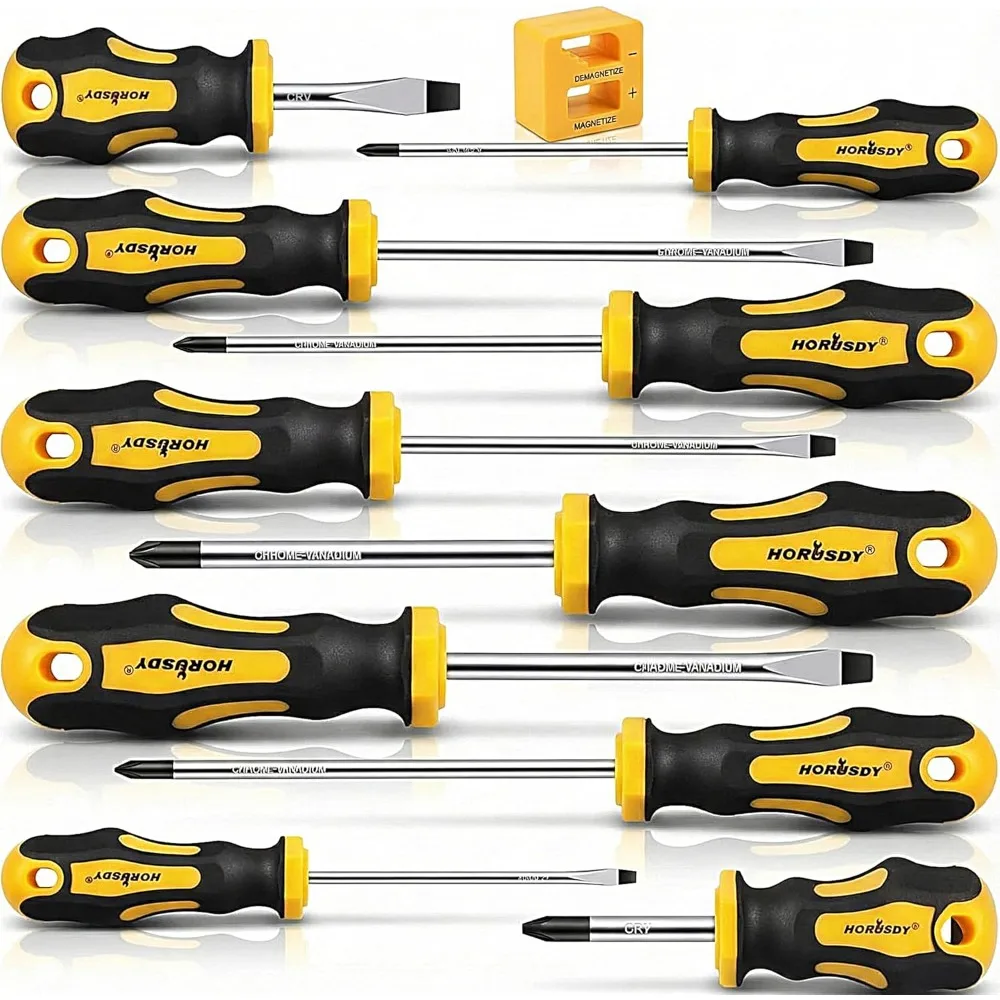 

11-piece magnetic screwdriver set, with 5 Phillips and 5 flathead magnetic tips for tightening and loosening stuck screws.
