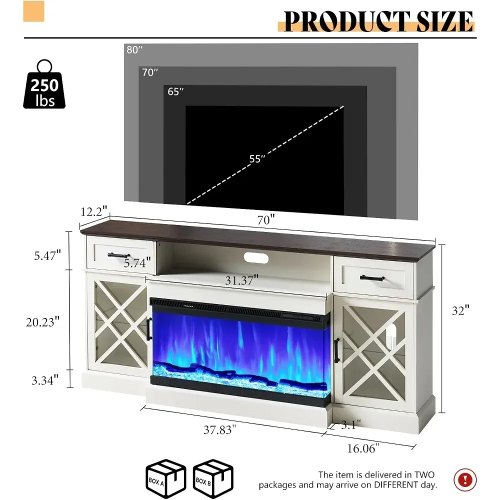 Fireplace TV Stand with 3-Sided Glass Fireplace TV  Console with Glass Door Storage Electric Fireplace TV Stand