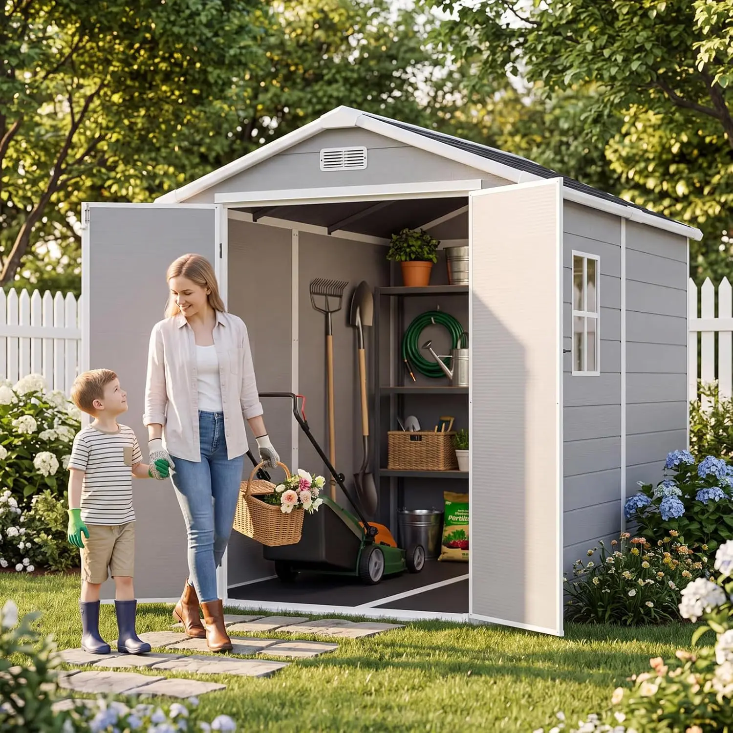 Resin Outdoor Storage Shed, 6x8 FT Outdoor Shed with Floor, Gray | All-Weather Plastic Garden Tool Shed with, Customized