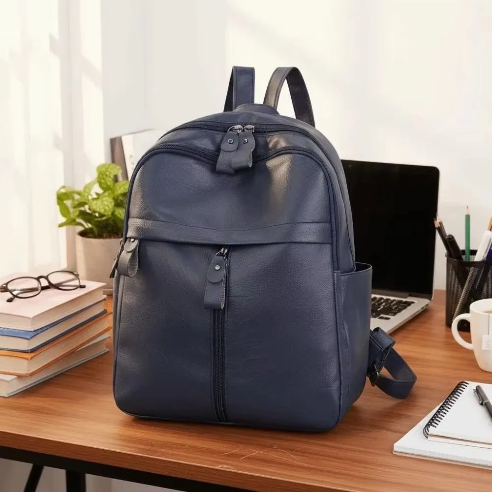 

New PU Leather School Bag Large Capacity Multi Pocket Bookbag Solid Color Anti-Splash Water Travel Bag