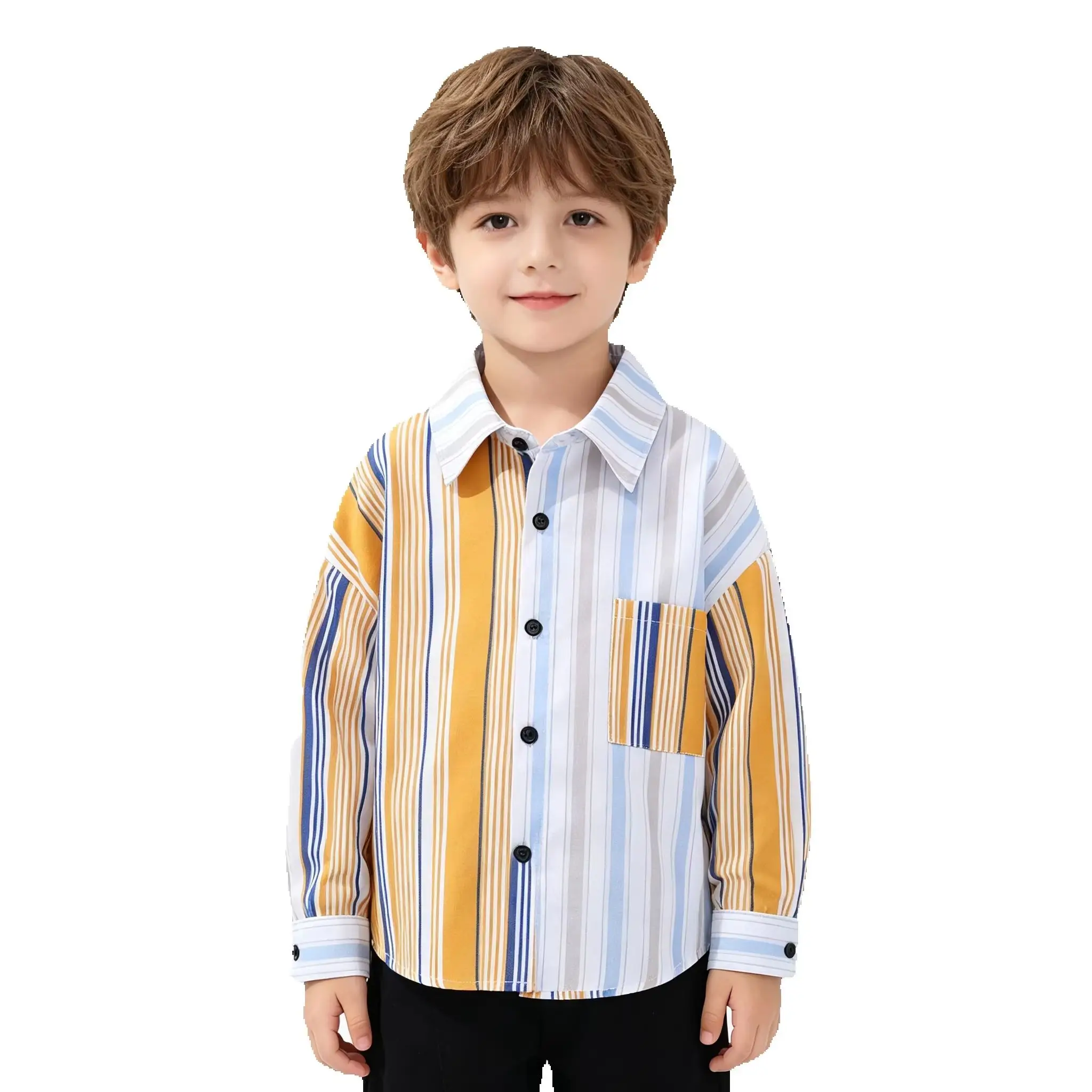 Multi Color Vertical Striped Boys Preppy Style Long Sleeve Button Down Shirt Casual Top For School Daily Weekend Outdoor Outfit