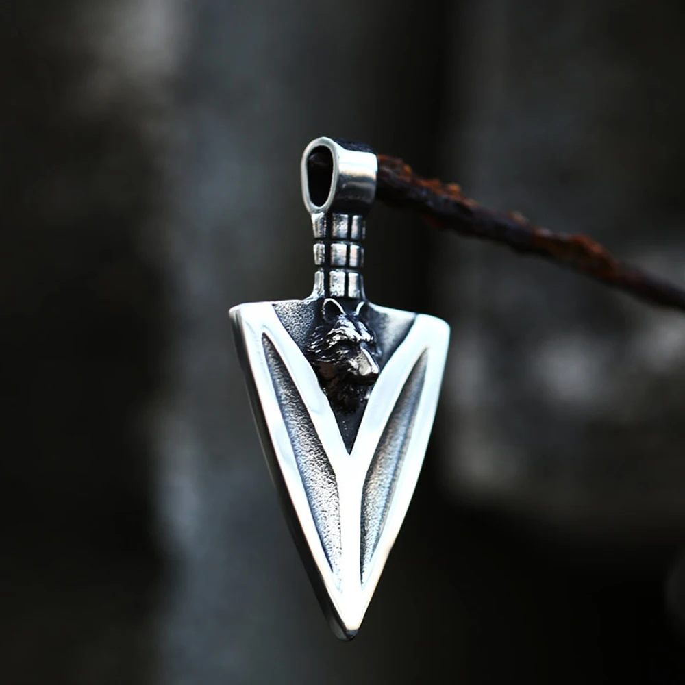 Vintage Viking Spearhead Pendant Necklace Men's Chain Nordic Stainless Steel Wolf Head Necklace Punk Biker Jewelry Gift