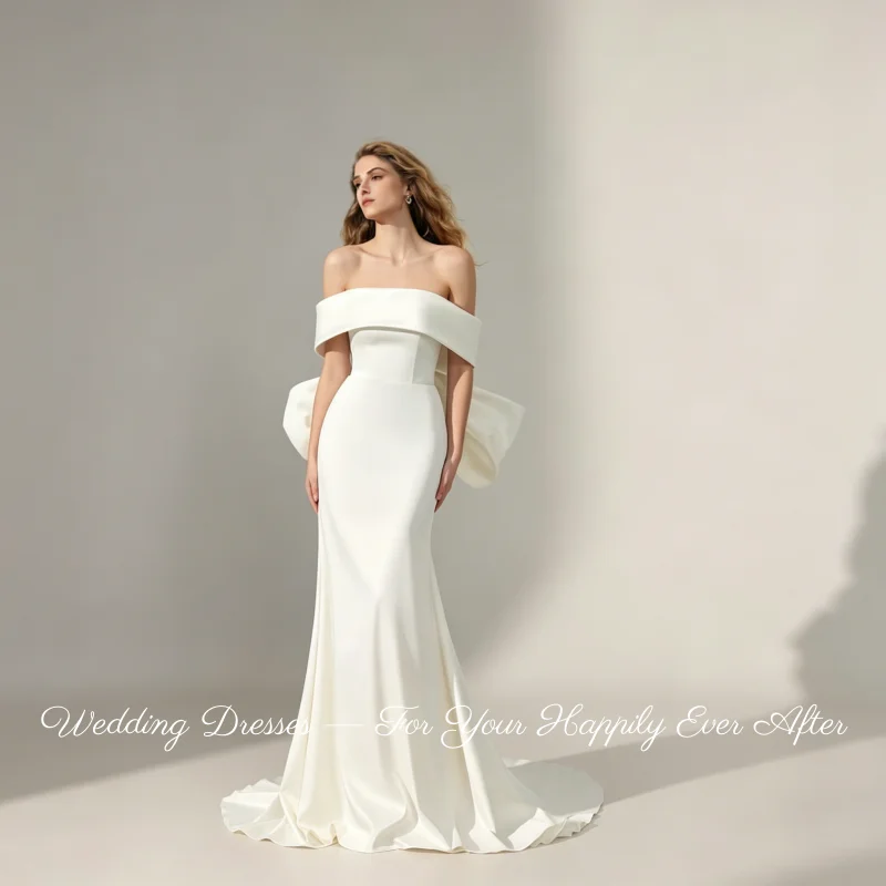 Solid Satin Mermaid Bridal Dress Off Shoulder Backless Oversized Bow Wedding Gown For Bride Vestidos De Novia Customized