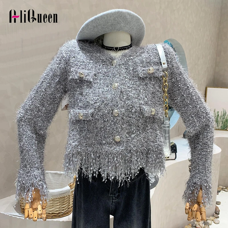 

Korean Women Single Breasted Shiny Sequins Wool Cardigans Coat Female Fall Spring Tassel Sweater Jackets Slim Knitwear Tops