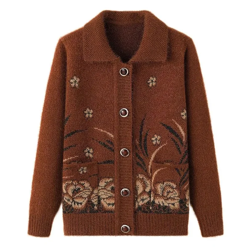 Middle Age Mother Knitted Cardigan Sweater Coats Spring Autumn Women Long Sleeve Knitwear Tops 60-70 Old Grandma Clothes