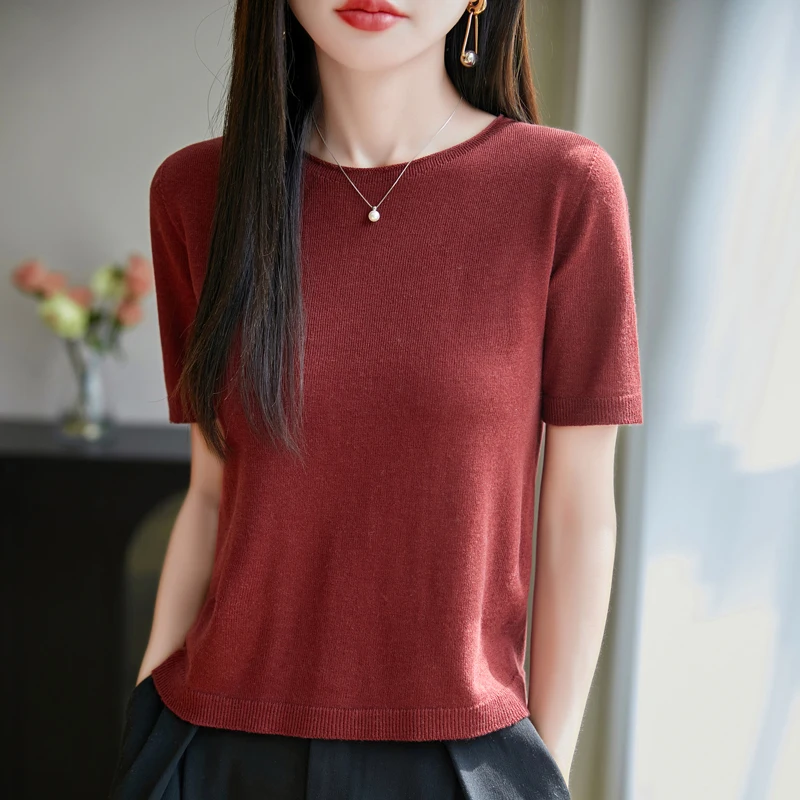 

Summer Classic Short Sleeve Pullover Women's knitting Wool linen blend Sweater Curled Collar Solid Color High Quality Loose tops