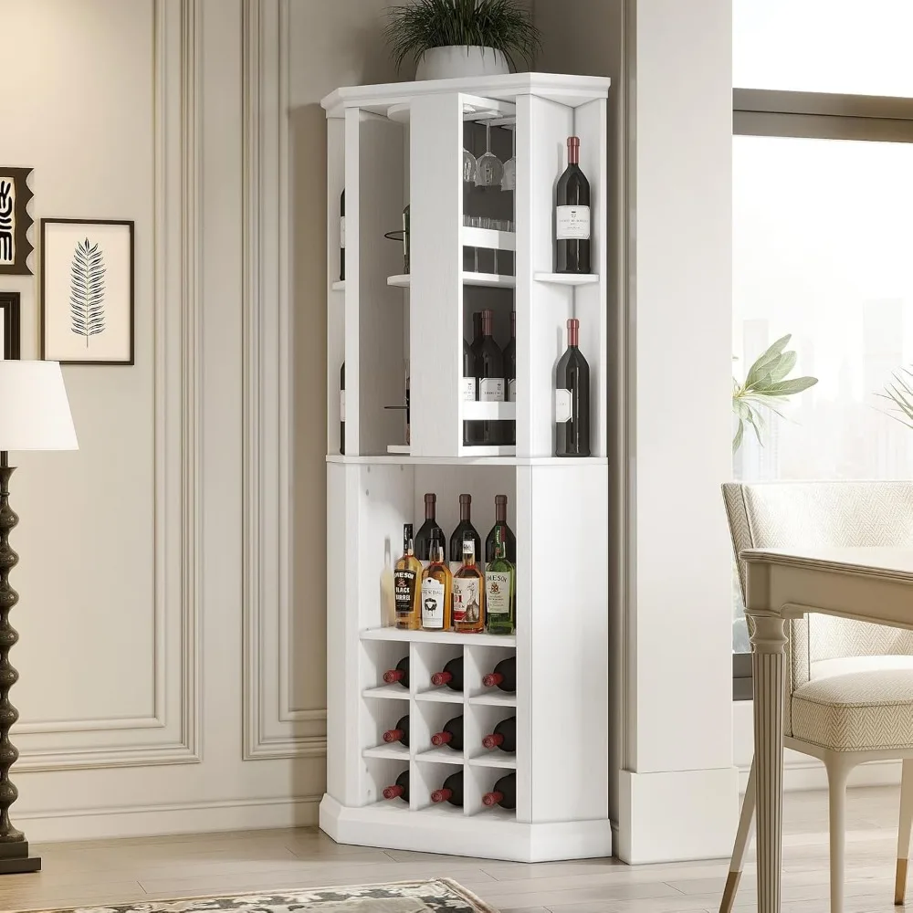 VOWNER Corner Wine Cabinet with Rotating Glass Wine Rack, Farmhouse Bar Storage Cabinet with Cup Holders, Home Bar Cabinet for