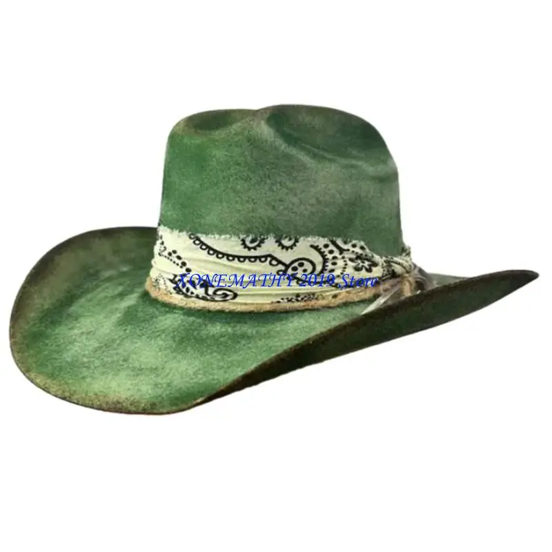 

F42F Ковбойская шляпа с перьями и широкими полями Ковбойская шляпа Музыкальный фестиваль Костюм Шерстяная шляпа
