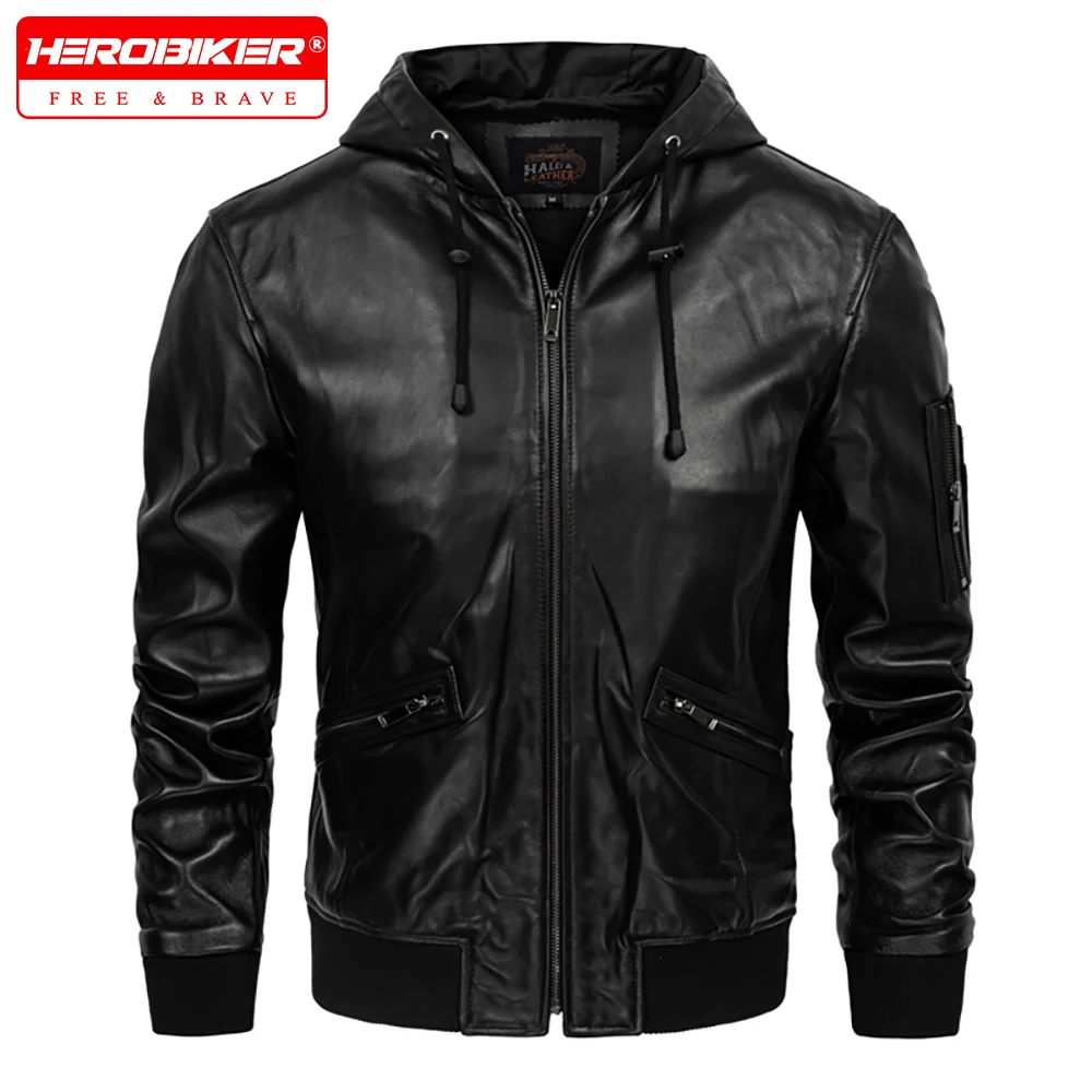 

Motorcycle Rider Leather Jacket Men Slim Fit Windproof Sheepskin Jacket Off-road Motorcycle Outdoor Riding Hooded Riding Jacket