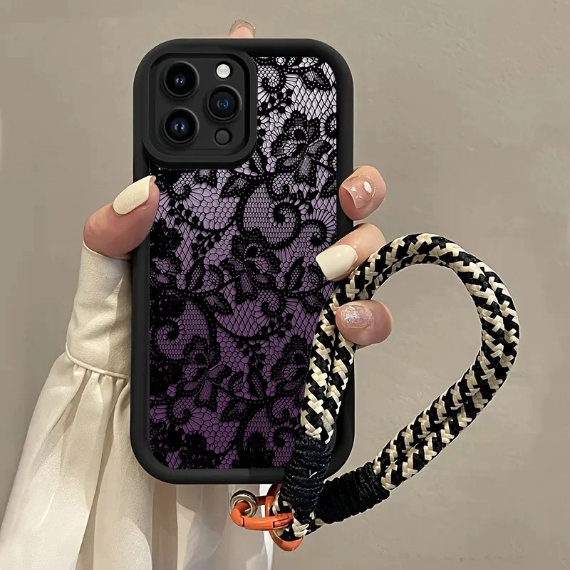 Funda de silicona mate a prueba de golpes con correa de encaje negro y morado para iPhone 16 17 Pro Max 16 15 14 Pro Plus 17E13 14 15