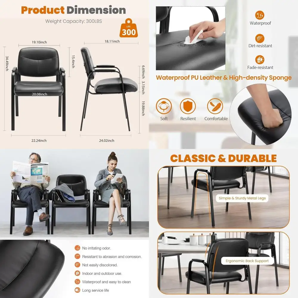 

Set of 6 Leather Stationary Waiting Room Chairs with Padded Arms for Conference, Lobby, and Elderly Use