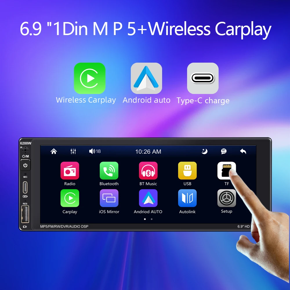 Car Stereo Wireless Carplay Type-C Charging Bluetooth Mirrorlink 1Din 6.9