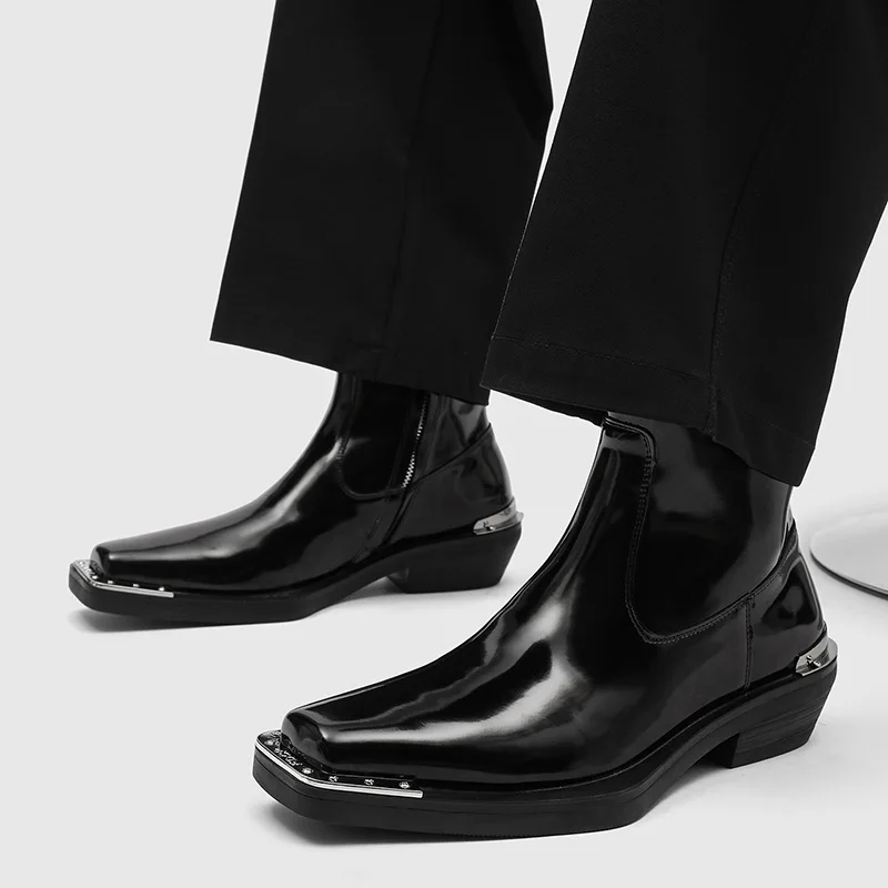 italian brand designer mens fashion punk rock chelsea boots patent leather shoes square toe cowboy boot cool ankle botas hombre