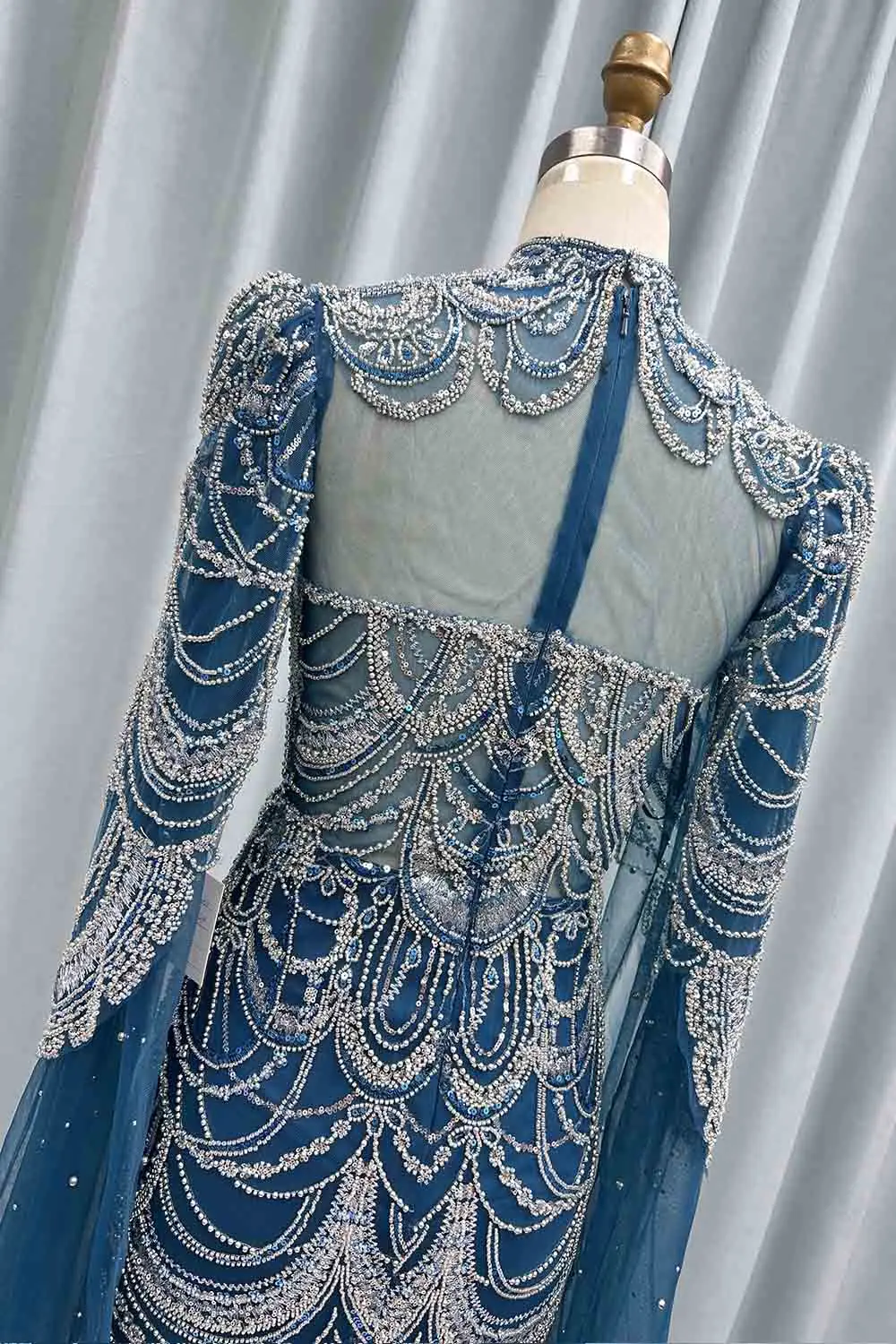 YQLNNE abiti da sera a maniche lunghe blu lapislazzuli musulmani collo alto abito da sera formale con paillettes in Tulle ricamato con perline