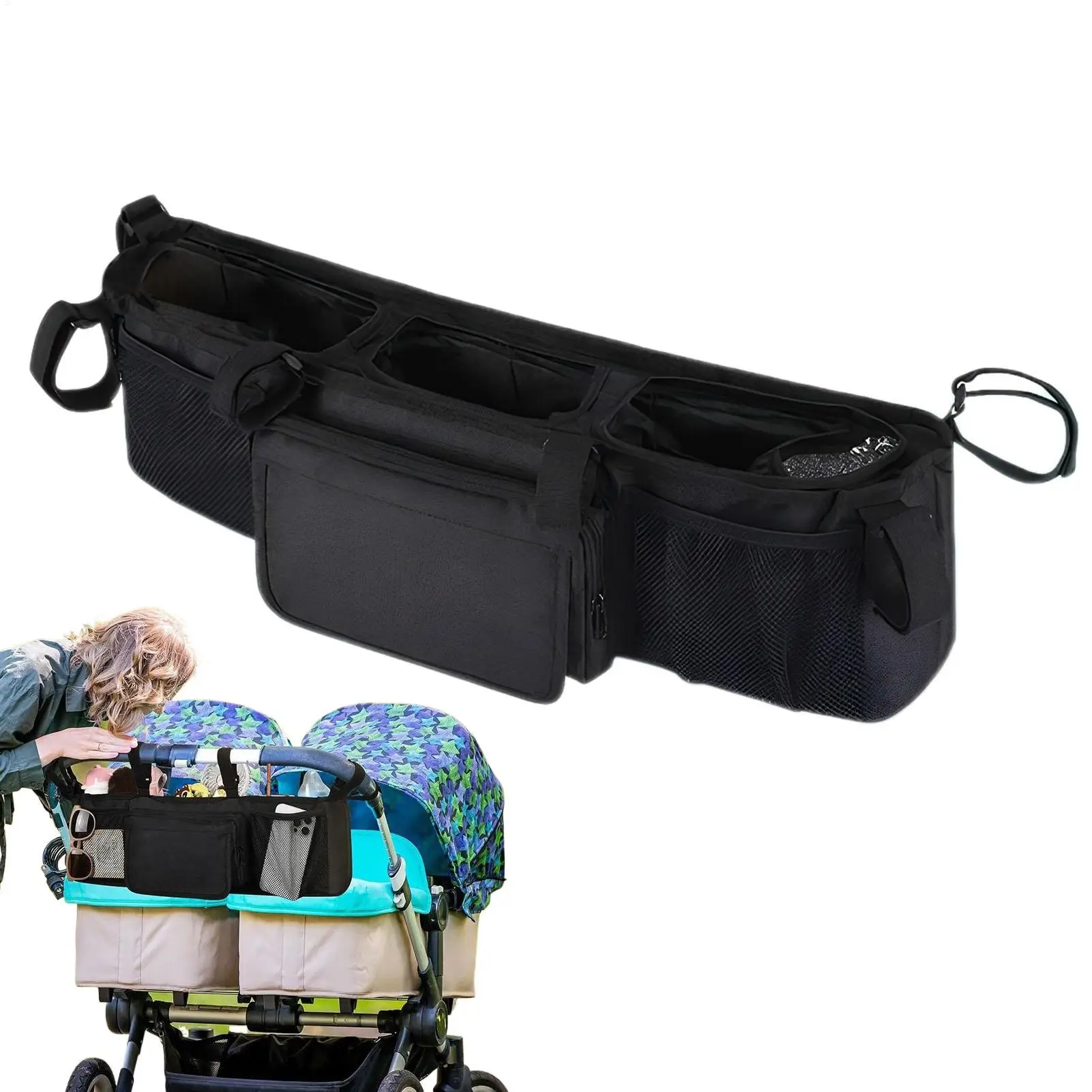 

Double Stroller Accessories Foldable Lightweight 3 Compartments Organization Baby Stroller Organizers for Travel Daily Parents