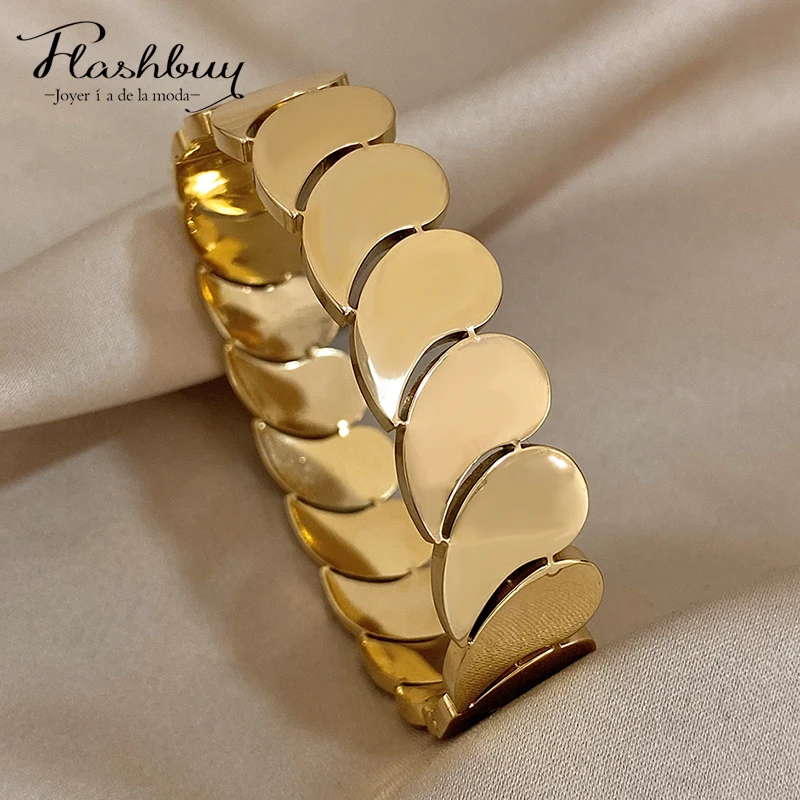 Flashbuy Chunky Gold Color Charm Big WaterDrop Wide Stainless Steel Bangles Bracelets for Women New Design Waterproof Jewelry