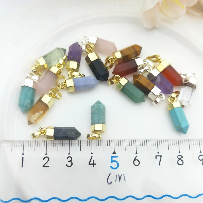 18 Option Hexagon Pointed Natural Stone Prism Pendant Clear Quartz Tiger Eye Amethyst Healing Crystal Charm Woman Jewelry Making