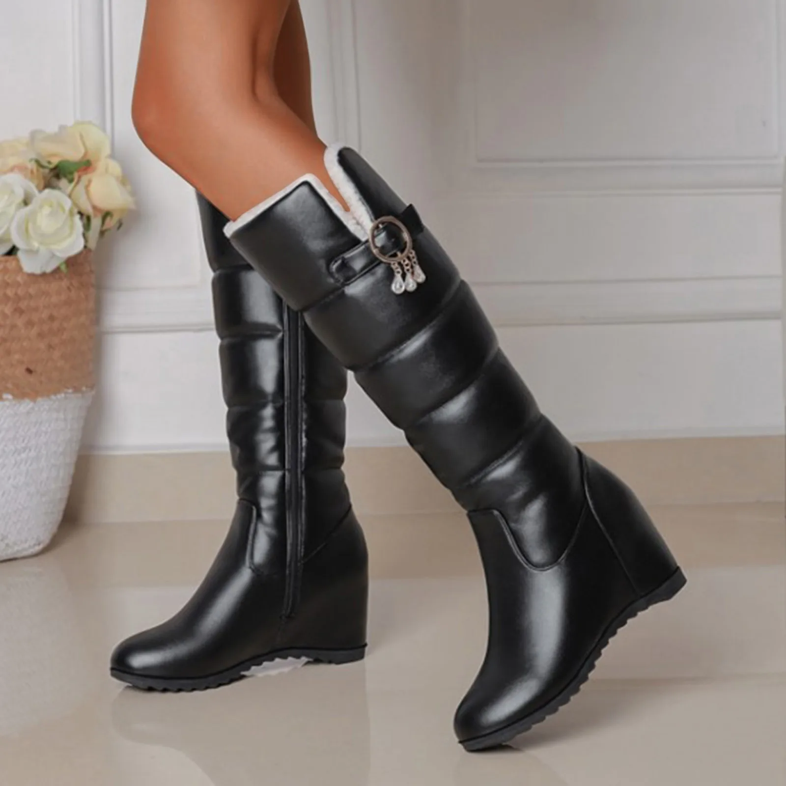 2023 Women Winter Warm Knee High Boots Platform Height Increasing Ladies Snow Boots PU Leather Side Zipper Round Toe Women Boots