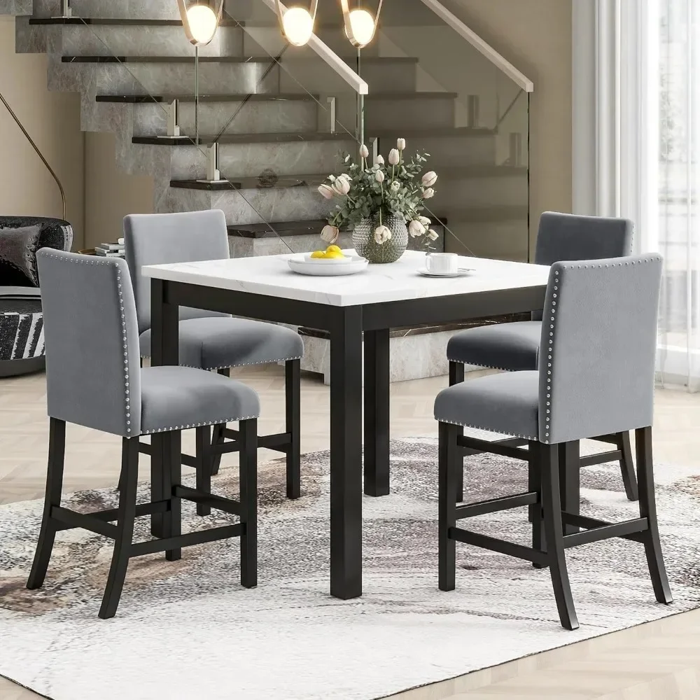 

5 Piece Dining Room Table Set for Kitchen with Faux Marble Dining Table and 4 Upholstered-Seat Chairs,Living Room Furniture