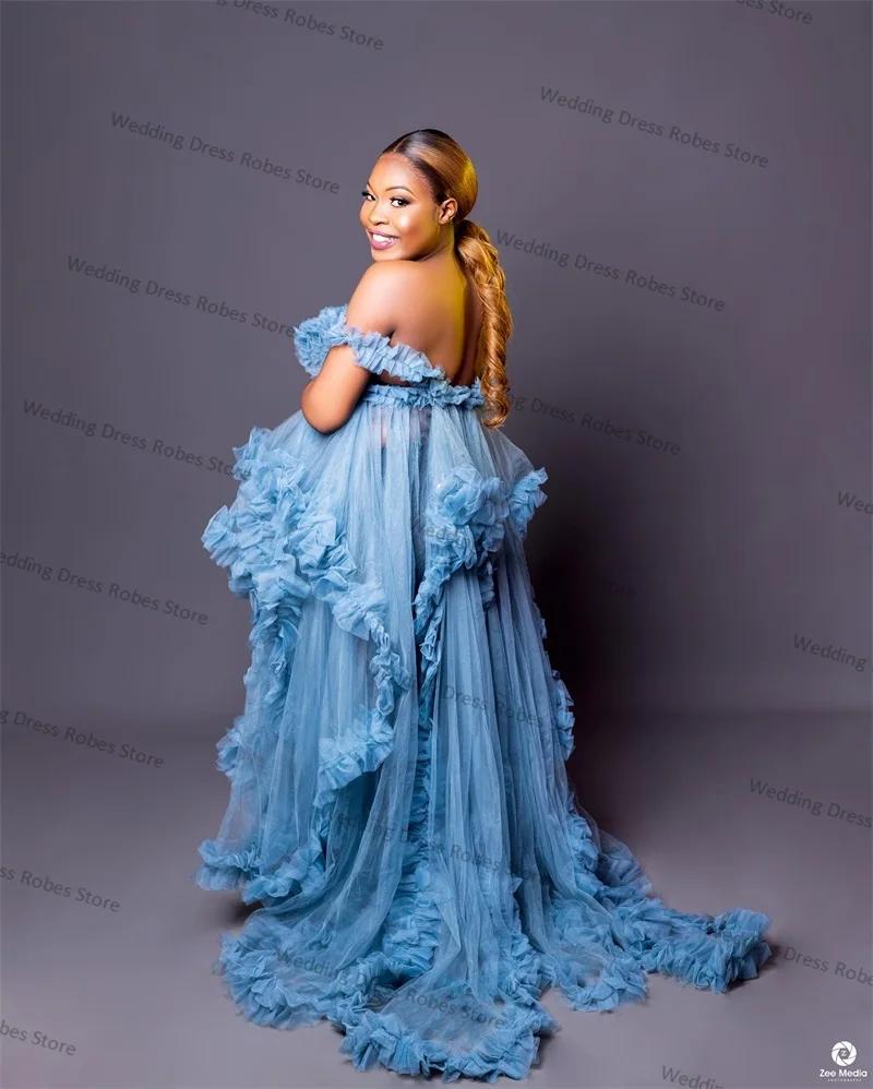 Blue Tulle Women Prom Dress Maternity Dresses for Photo Shoot Robe Sleeveless V Neck Mesh Pregnant Sleepwear Custom Made