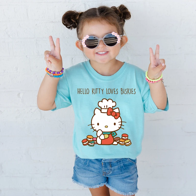 

HeIIoKitty printed kids T-shirt Summer children's cotton short-sleeved blue casual tops suitable for boys and girls