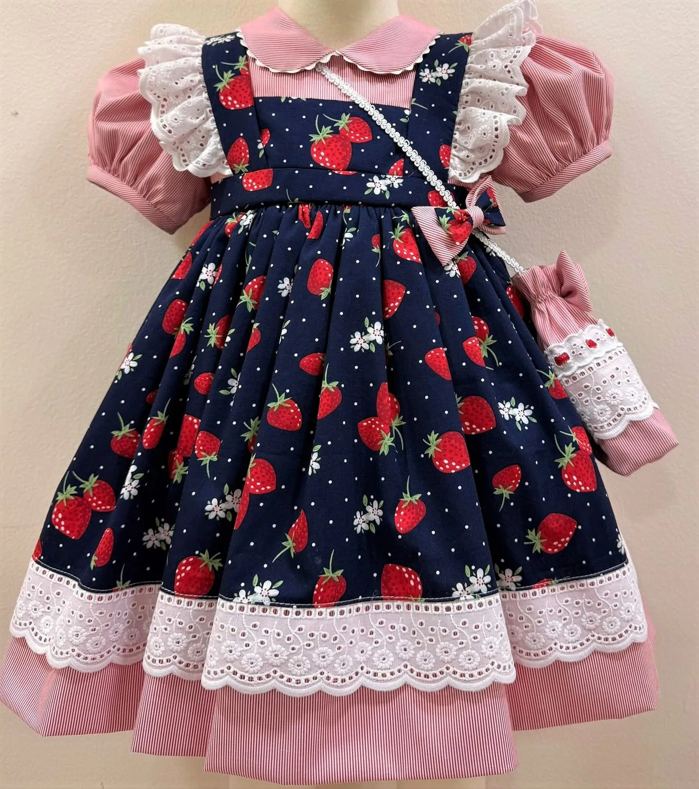 

Summer Girl Strawberry Deep Blue Printed Pink Stripe Dress with Small Bag For Casual Party Birthday Wedding Photography