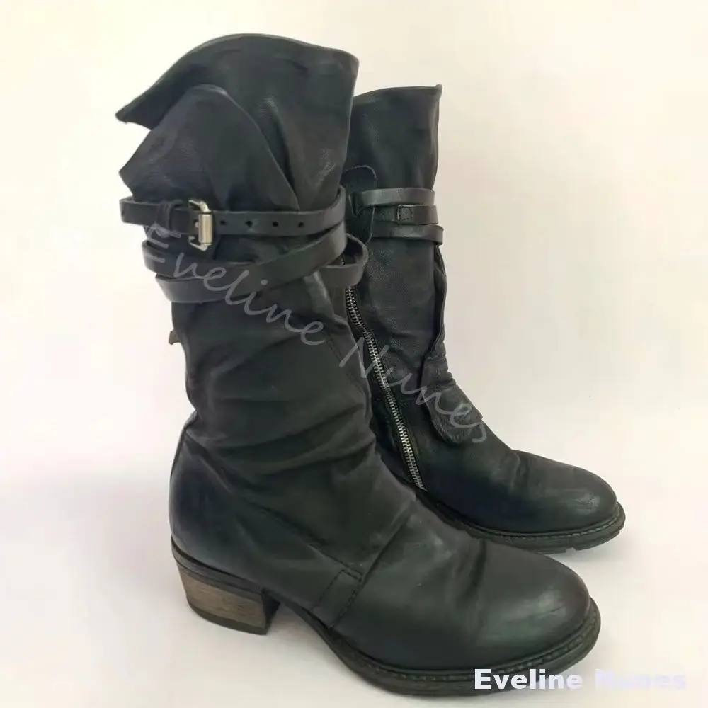 Women Vintage Dark-Style Mid-Calf Boots Suede Belt Buckle Chunky Heel Side Zipper Long Boots Lace-Up Soft Leather Slouchy Style