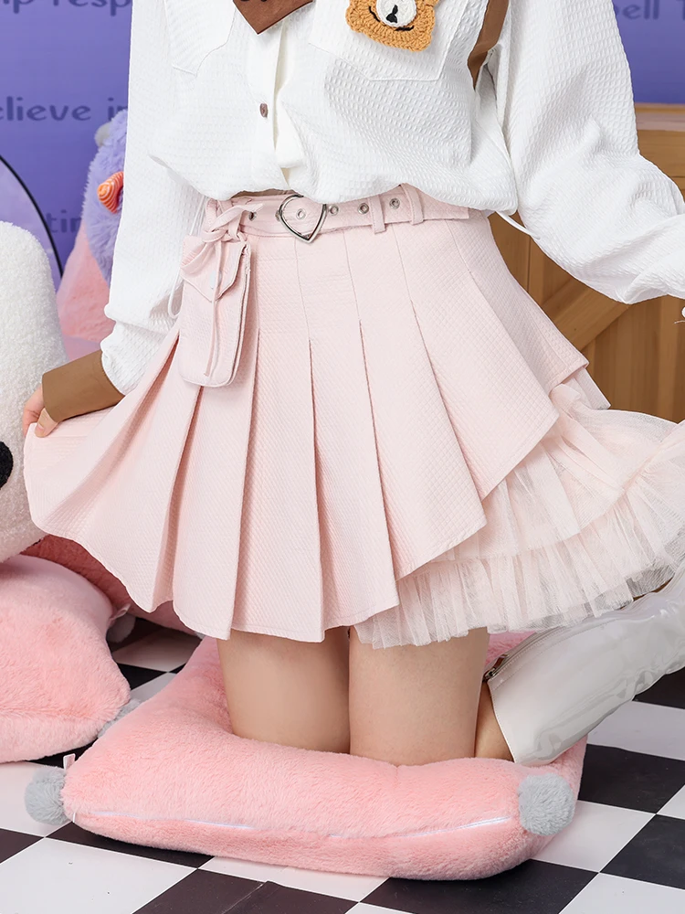 

Pink Asymmetrical Pleated Skirt with ket And Belt Netting Splicing ort f-length Skirts for Women Girls Students Daily...