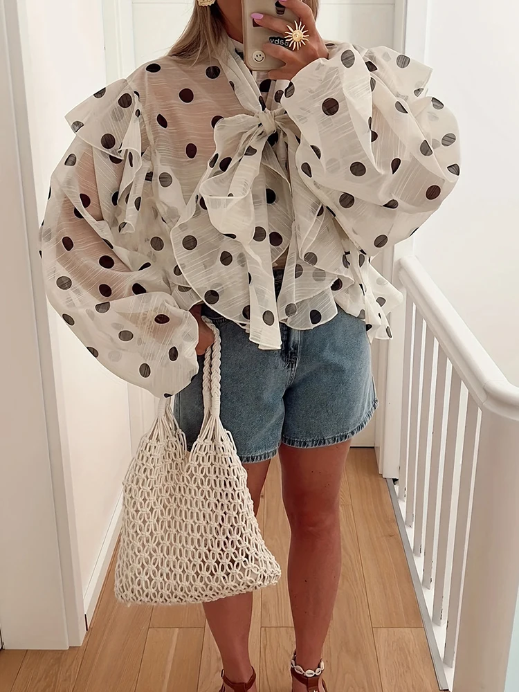 

Женская мода, темпераментный топ с галстуком-бабочкой, футболки с принтом в горошек, свободный пуловер, осенняя новая футболка с рюшами и рукавами-фонариками