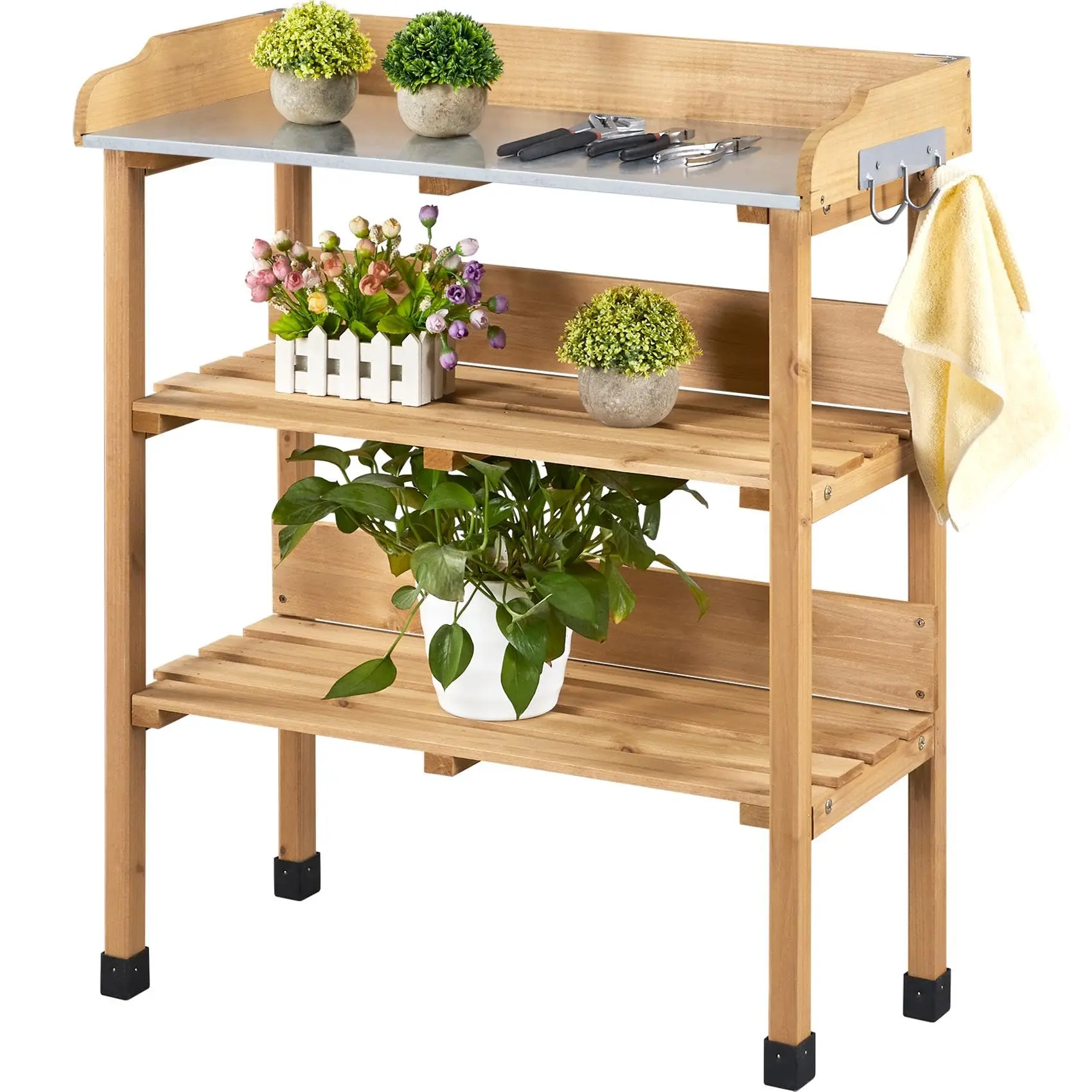Garden Potting Bench, Wooden Horticulture Plng Workstation, Multi-tier Storage Shelf & 3 Side Hooks, Natural Wood