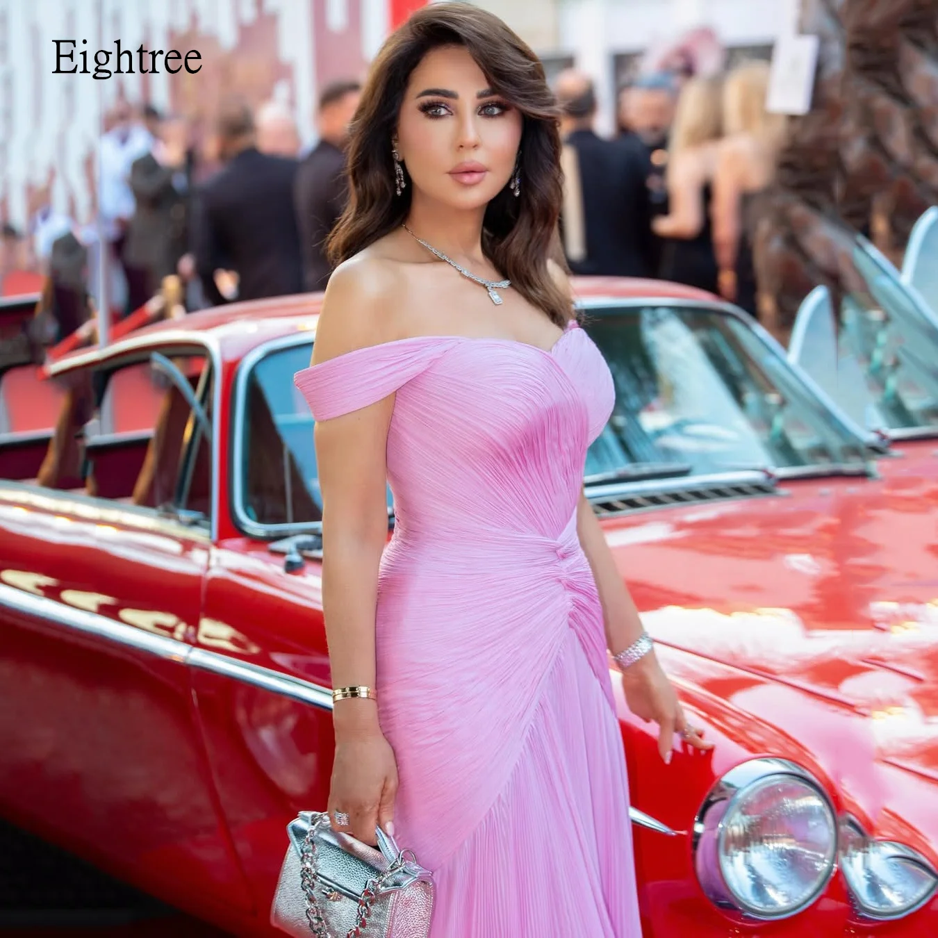 

Eightree Chic Pink Mermaid Evening Dresses Off The Shoulder Pleated Prom Gown Floor Length Formal Party Gowns Customized