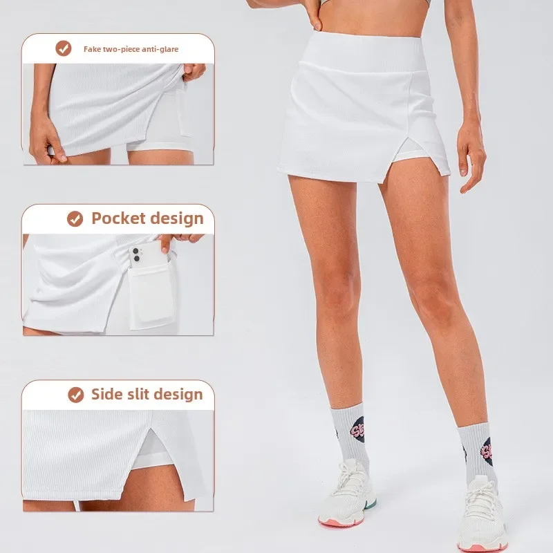 Women's Tight Stretch Tennis Skirt Anti-light High Waist Sports Yoga Fitness Golf Skirt Pants Pocket