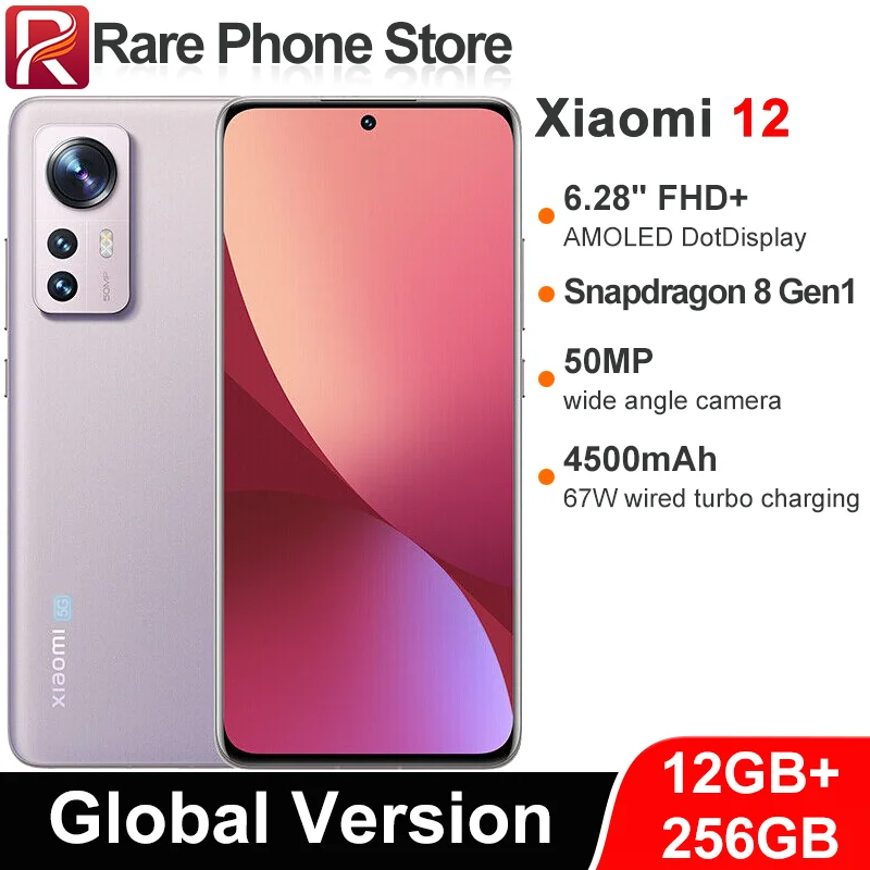 Global Version Xiaomi 12 128GB/256GB Snapdragon 8 Gen 1 6.28" AMOLED Display 50MP+32MP Camera 4500mAh Battery WiFi 6  NFC