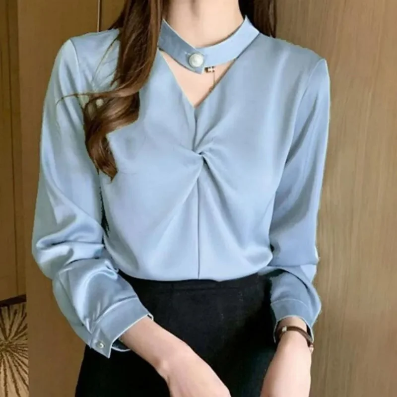 Elegant Women Chic Satin Shirt Korean Fashion New Spring Autumn Fashion Long Sleeve Embroidered Flares Solid Office Lady Blouse